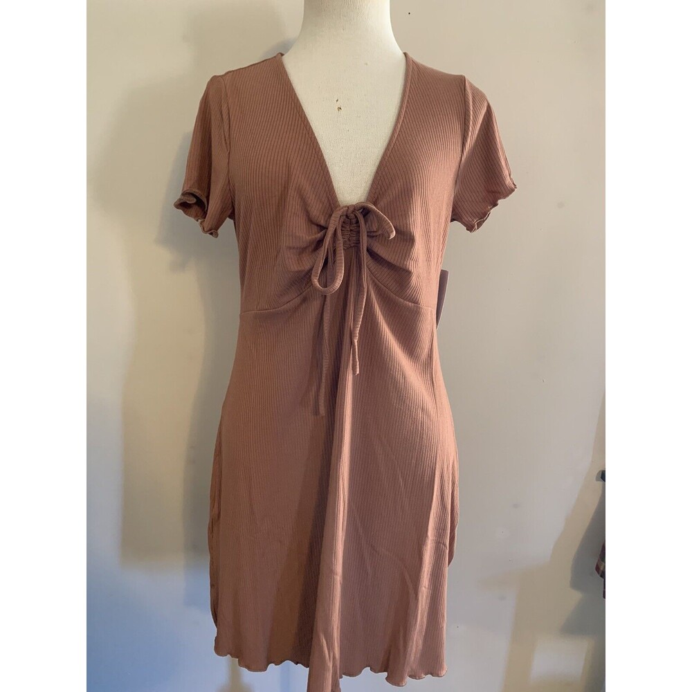 🌻2 for $20🌻 BP Tie Front Lettuce Edge Mini Dress Tan Mocha Size L New